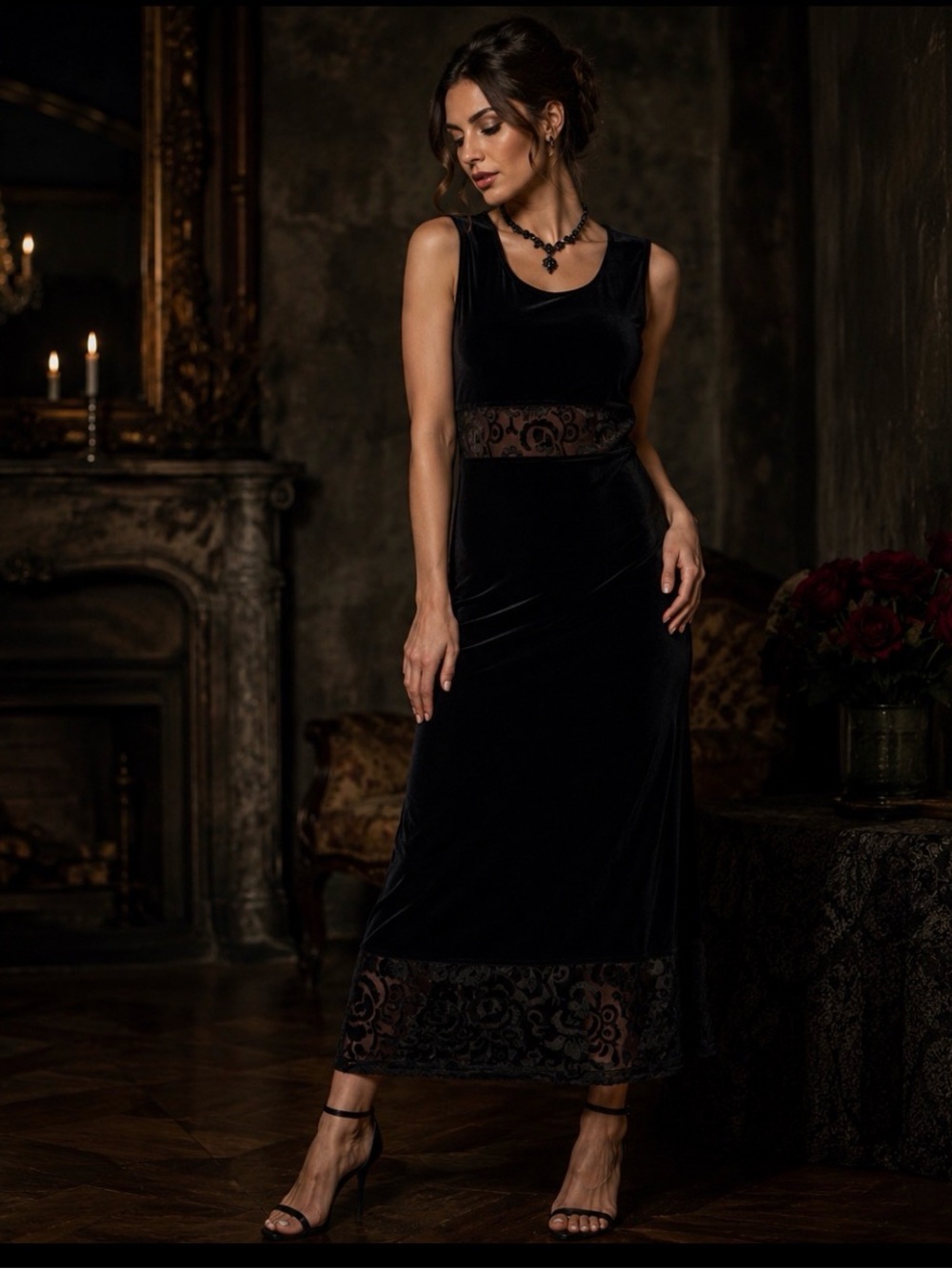 Dressing Clio Velvet Burnout Mesh Midi Dress PL Vintage Y2K WhimsyGoth Stretch